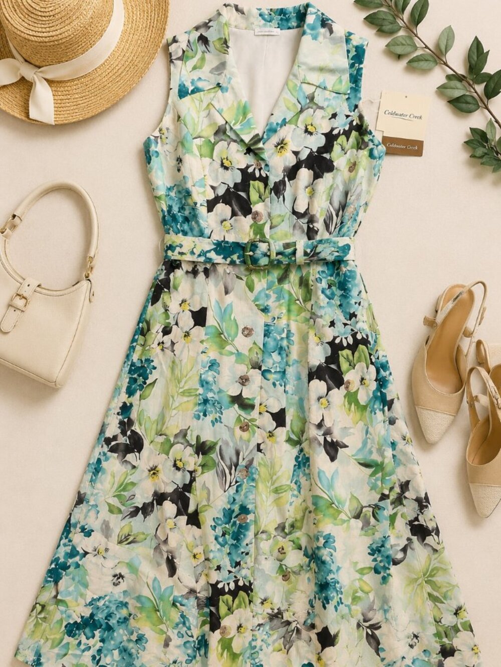 NWT Coldwater Creek Floral Belted Midi Dress Size 12 Spring Garden Party